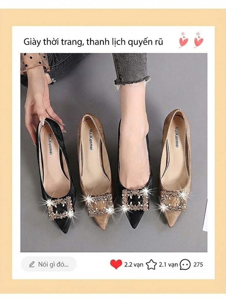 Giày Cao Gót Nữ Da Mờ Đính Đá Chiều Cao Đế Khoảng 6cm Màu Đen, Nâu chi tiết 8