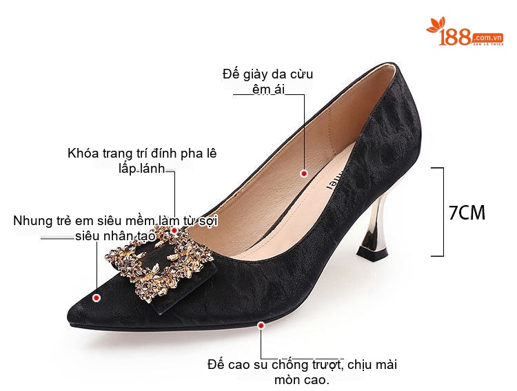 Giày Cao Gót Nữ Da Mờ Đính Đá Chiều Cao Đế Khoảng 6cm Màu Đen, Nâu chi tiết 11