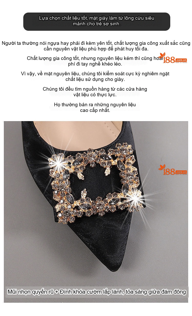 Giày Cao Gót Nữ Da Mờ Đính Đá Chiều Cao Đế Khoảng 6cm Màu Đen, Nâu chi tiết 13