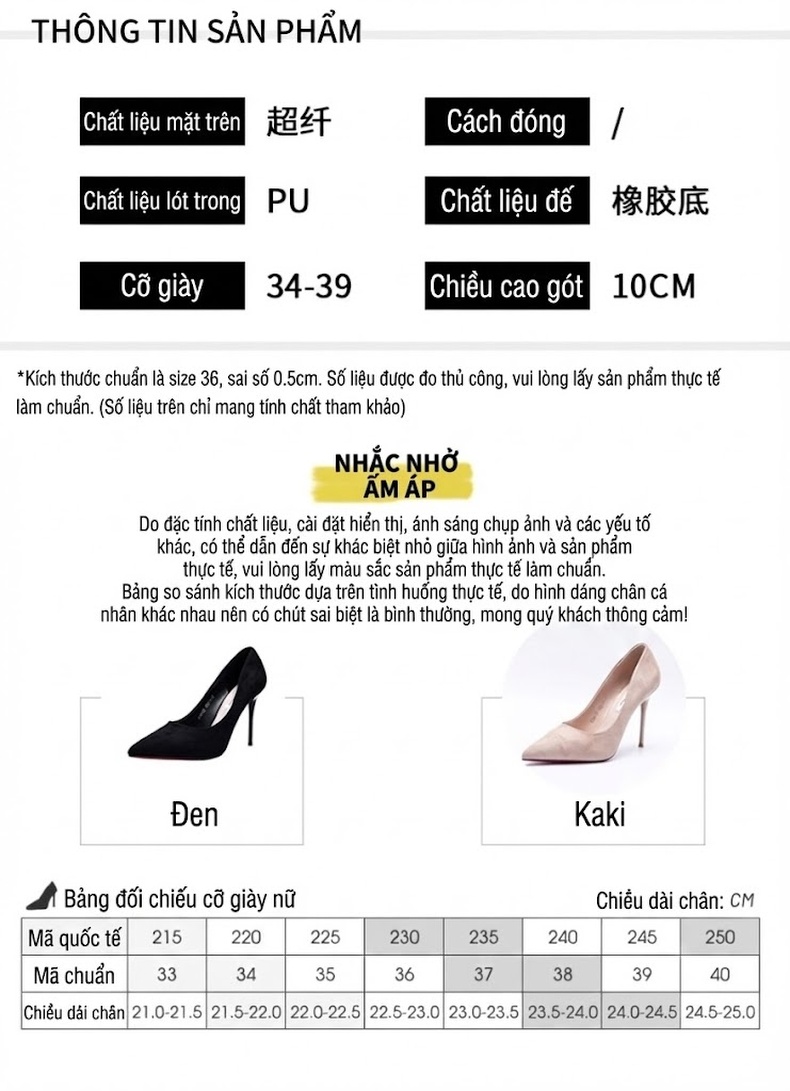 Giày Cao Gót Nữ Da Mờ Mũi Nhọn Chiều Cao Đế Khoảng 7cm Màu Đen, Kem chi tiết 10