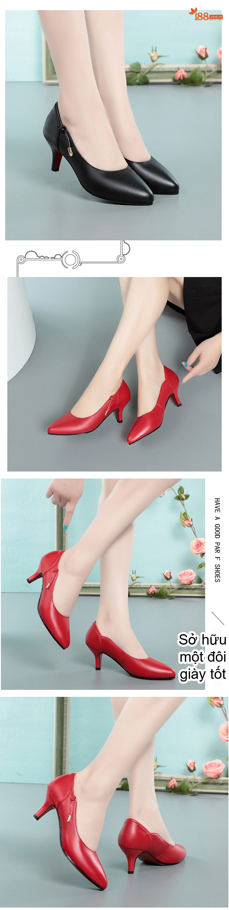 Giày Cao Gót Nữ Da Thật Mũi Nhọn Chiều Cao Đế Khoảng 5cm Màu Đen, Đỏ, Trắng Kem chi tiết 3