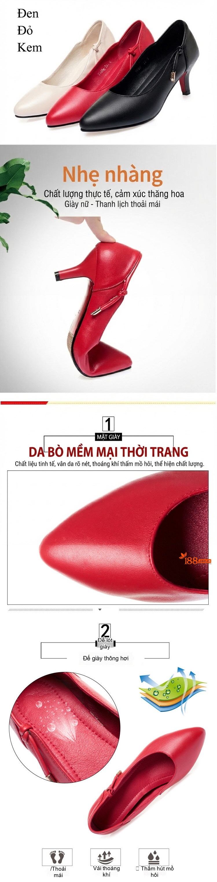 Giày Cao Gót Nữ Da Thật Mũi Nhọn Chiều Cao Đế Khoảng 5cm Màu Đen, Đỏ, Trắng Kem chi tiết 1