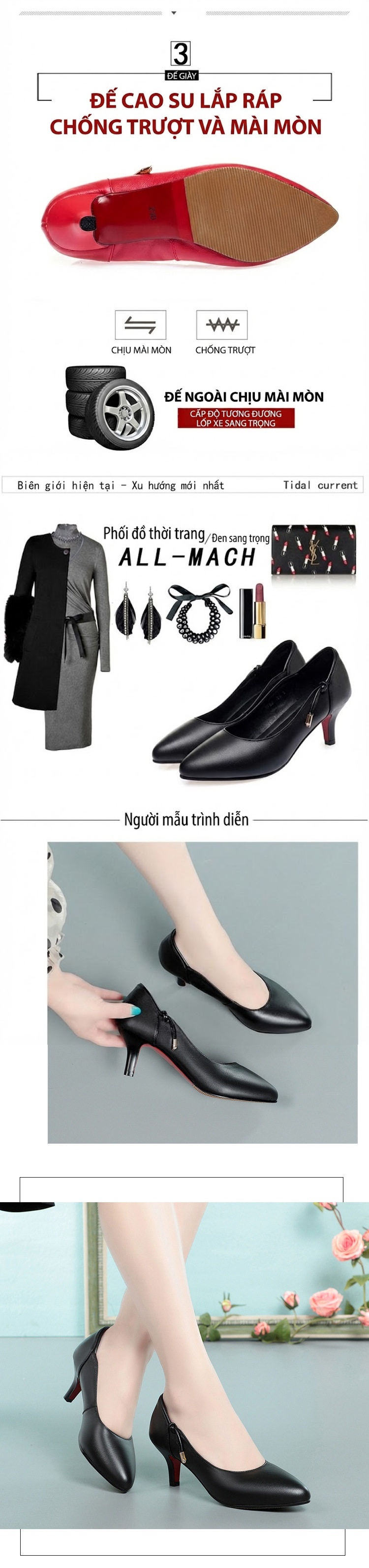 Giày Cao Gót Nữ Da Thật Mũi Nhọn Chiều Cao Đế Khoảng 5cm Màu Đen, Đỏ, Trắng Kem chi tiết 2