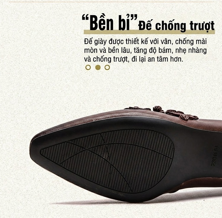 Giày Cao Gót Nữ Da Thật Mũi Nhọn Chiều Cao Đế Khoảng 5cm Phong Cách Dân Tộc Màu Nâu, Xám chi tiết 5