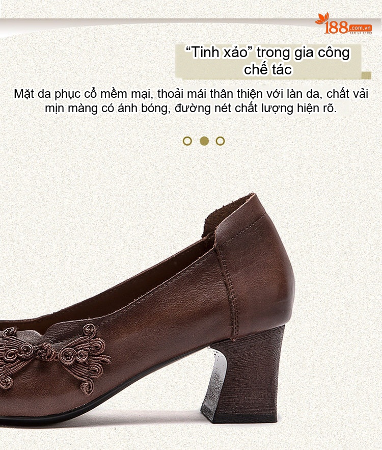 Giày Cao Gót Nữ Da Thật Mũi Nhọn Chiều Cao Đế Khoảng 5cm Phong Cách Dân Tộc Màu Nâu, Xám chi tiết 3