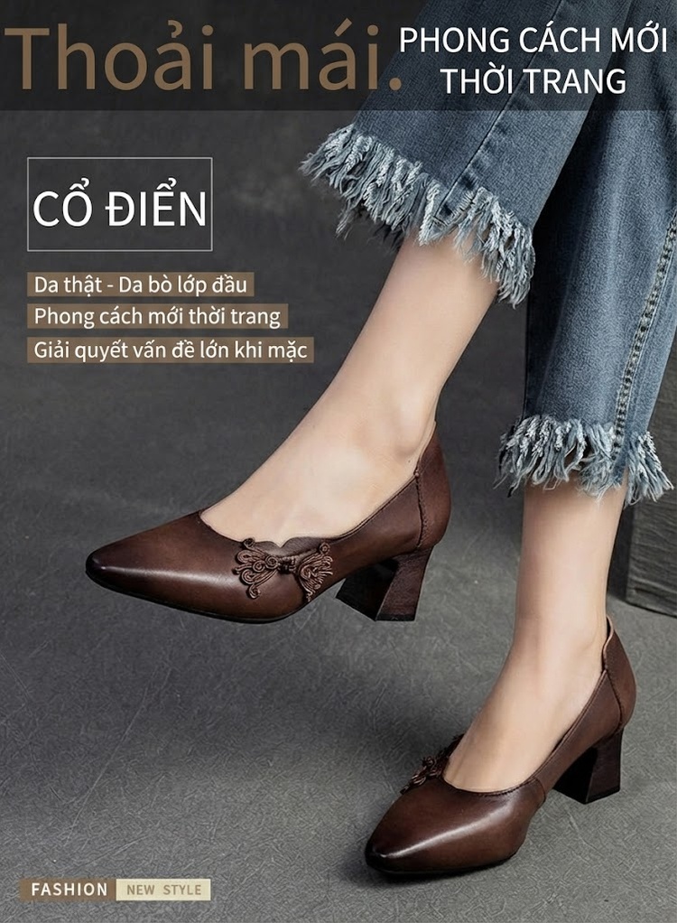 Giày Cao Gót Nữ Da Thật Mũi Nhọn Chiều Cao Đế Khoảng 5cm Phong Cách Dân Tộc Màu Nâu, Xám chi tiết 2