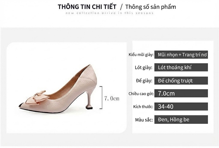 Giày Cao Gót Nữ Da Thật Mũi Nhọn Chiều Cao Đế Khoảng 6cm Màu Đen, Kem chi tiết 8