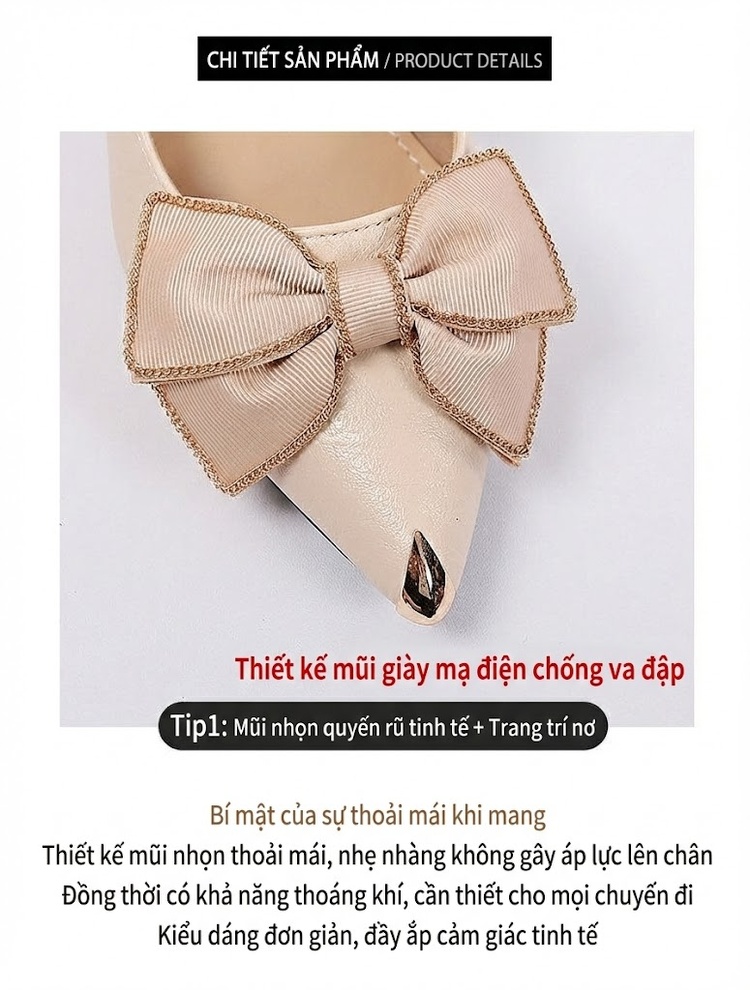 Giày Cao Gót Nữ Da Thật Mũi Nhọn Chiều Cao Đế Khoảng 6cm Màu Đen, Kem chi tiết 11