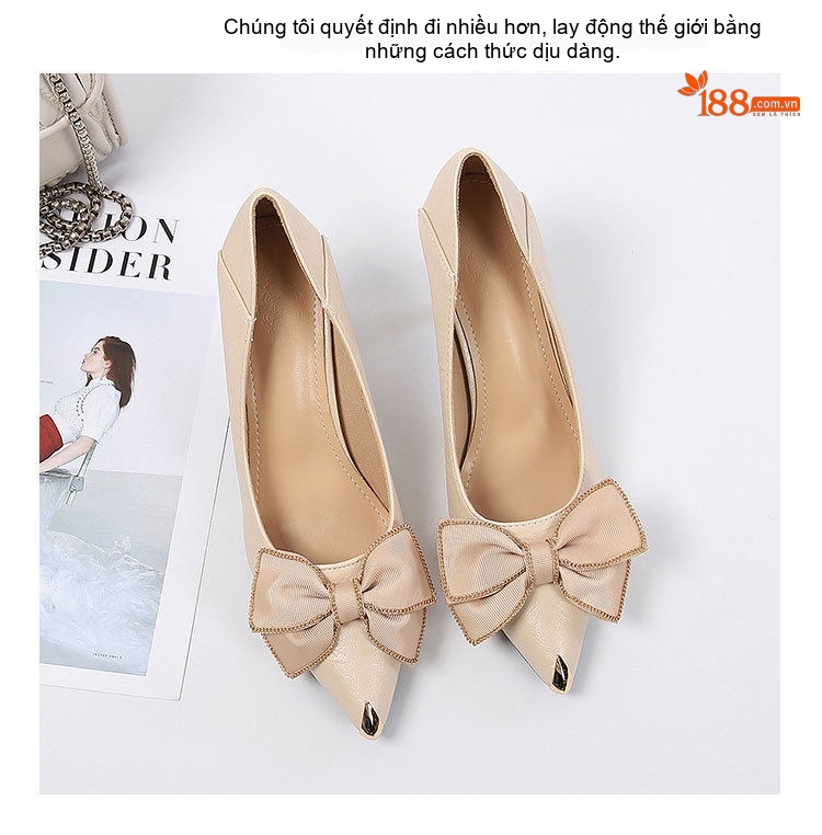 Giày Cao Gót Nữ Da Thật Mũi Nhọn Chiều Cao Đế Khoảng 6cm Màu Đen, Kem chi tiết 30