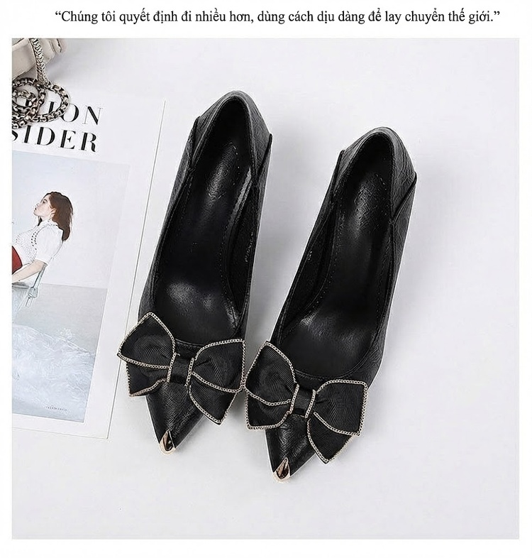 Giày Cao Gót Nữ Da Thật Mũi Nhọn Chiều Cao Đế Khoảng 6cm Màu Đen, Kem chi tiết 36