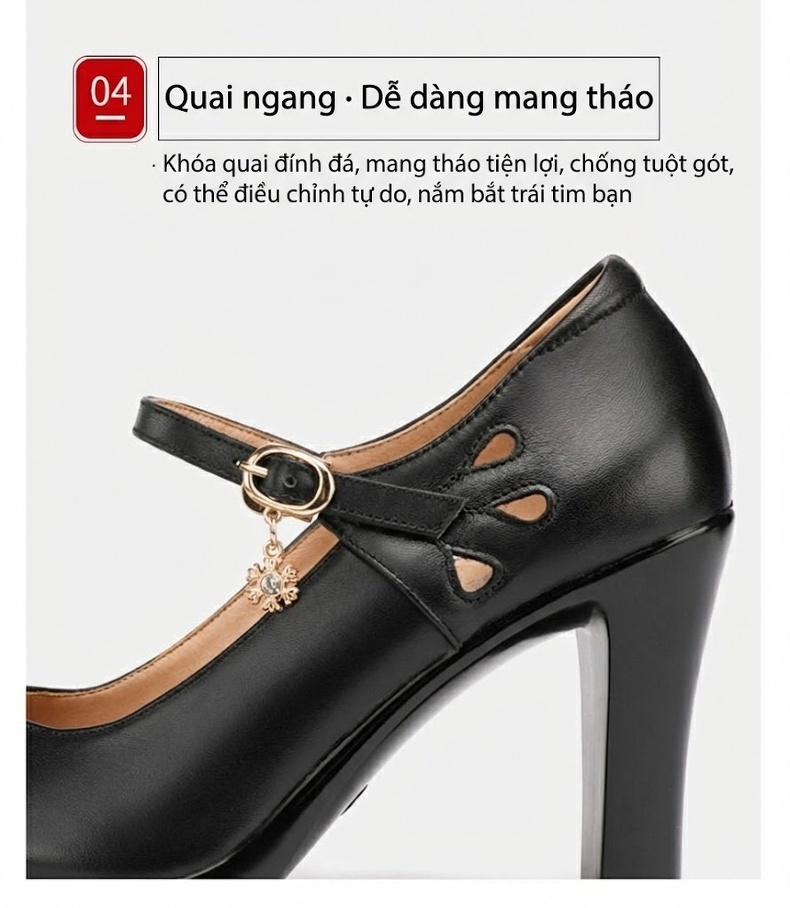 Giày Cao Gót Nữ Da Thật Mũi Nhọn Chiều Cao Đế Khoảng 7cm Quai Ngang Công Sở Màu Đen, Trắng chi tiết 9