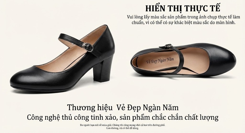 Giày Cao Gót Nữ Da Thật Mũi Nhọn Chiều Cao Đế Khoảng 7cm Quai Ngang Công Sở Màu Đen, Trắng chi tiết 15