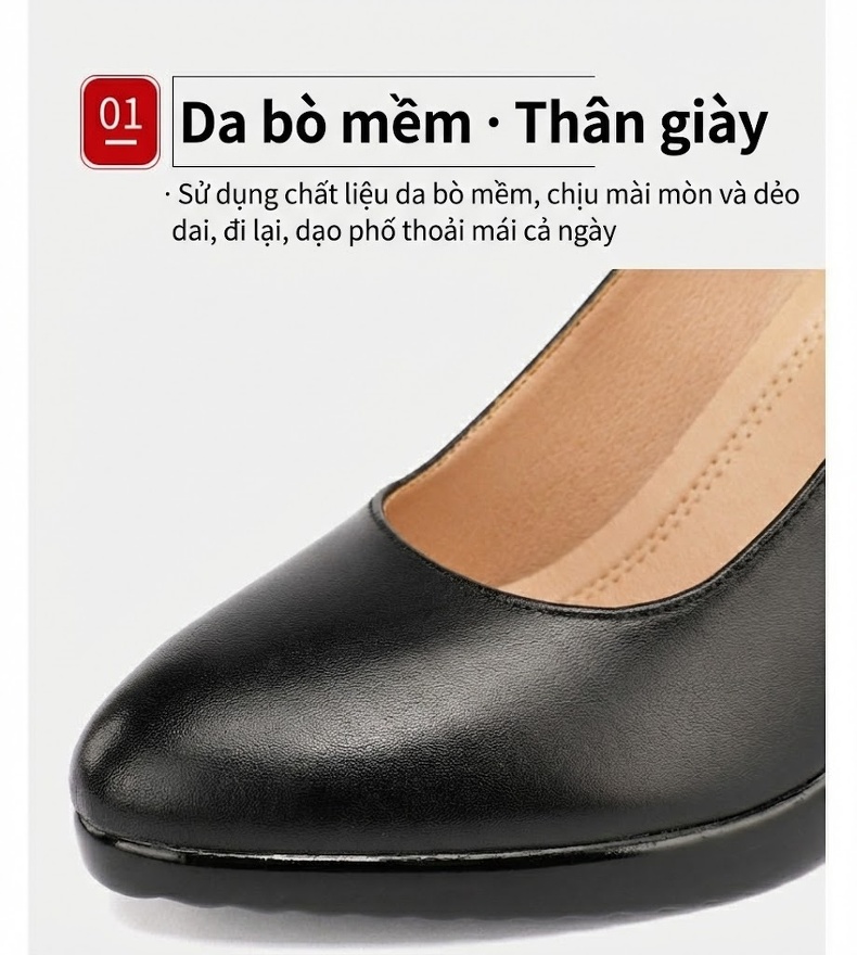 Giày Cao Gót Nữ Da Thật Mũi Nhọn Chiều Cao Đế Khoảng 7cm Quai Ngang Công Sở Màu Đen, Trắng chi tiết 6