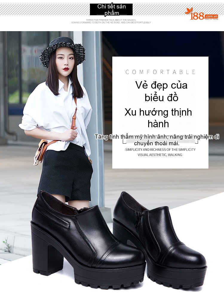 Giày Cao Gót Nữ Đế Bánh Mì Da Bóng Chiều Cao Đế Khoảng 8cm Màu Đen, Trắng chi tiết 5
