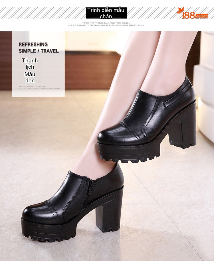 Giày Cao Gót Nữ Đế Bánh Mì Da Bóng Chiều Cao Đế Khoảng 8cm Màu Đen, Trắng chi tiết 8
