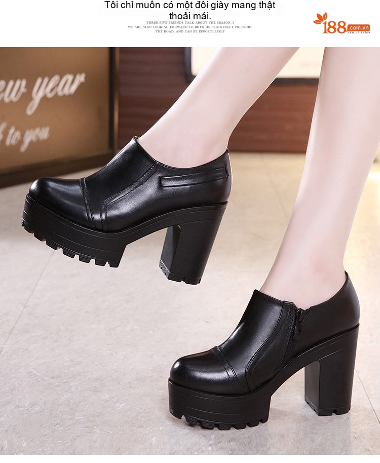 Giày Cao Gót Nữ Đế Bánh Mì Da Bóng Chiều Cao Đế Khoảng 8cm Màu Đen, Trắng chi tiết 9