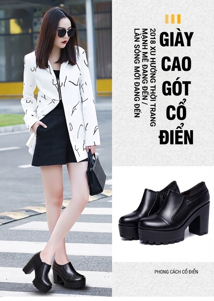 Giày Cao Gót Nữ Đế Bánh Mì Da Bóng Chiều Cao Đế Khoảng 8cm Màu Đen, Trắng chi tiết 1