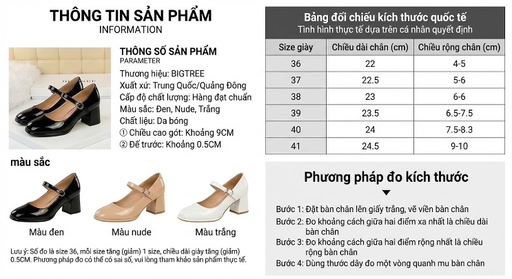 Giày Cao Gót Nữ Đế Vuông Chiều Cao Đế Khoảng 7cm Quai Ngang Đính Đá Da Bóng Màu Kem, Đen, Trắng chi tiết 1