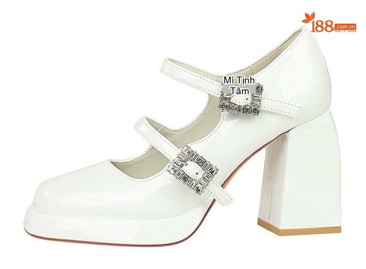 Giày Cao Gót Nữ Đế Vuông Chiều Cao Đế Khoảng 7cm Quai Ngang Đính Đá Da Bóng Màu Kem, Đen, Trắng chi tiết 32