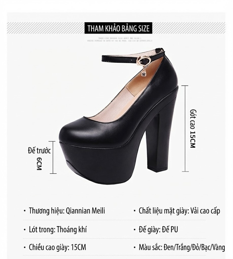 Giày Cao Gót Nữ Đế Xuồng Quai Hậu Chiều Cao Đế Khoảng 15cm Da Bóng Màu Đen, Trắng, Đỏ, Vàng... chi tiết 4