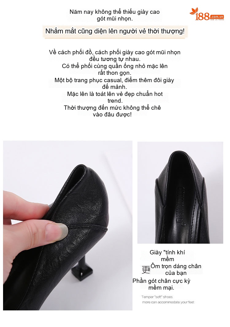 Giày Cao Gót Nữ Đính Đá Bít Mũi Da Bóng Chiều Cao Đế Khoảng 5cm Màu Đen, Kem chi tiết 2