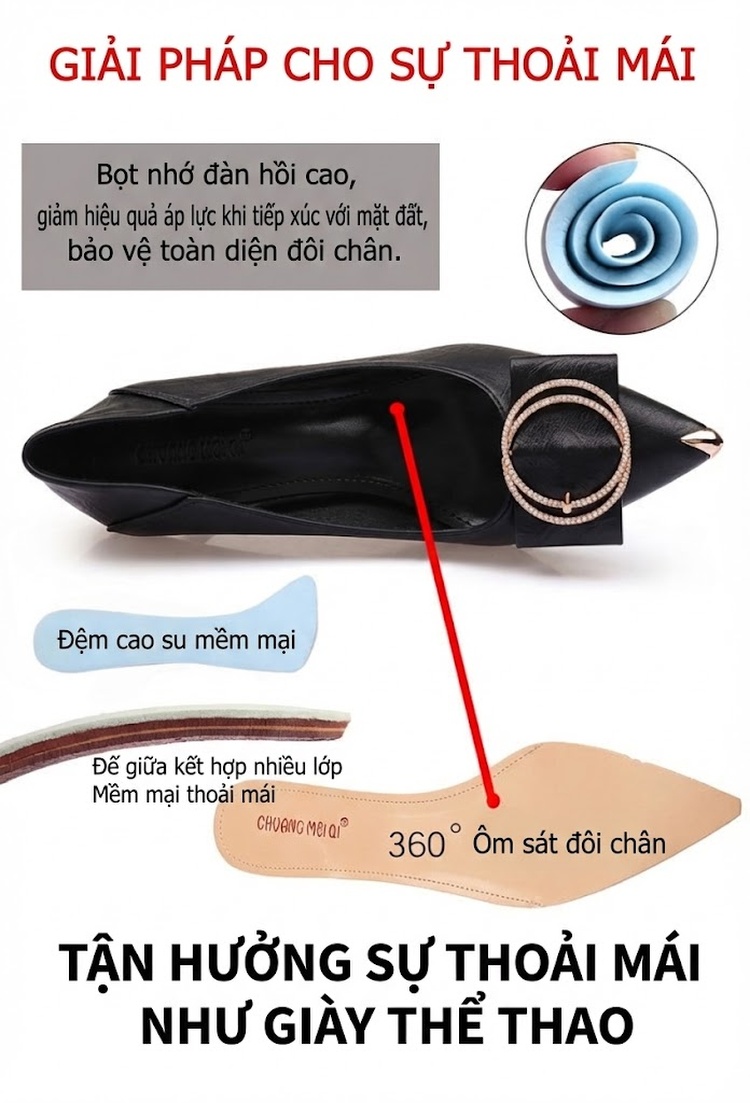 Giày Cao Gót Nữ Đính Đá Bít Mũi Da Bóng Chiều Cao Đế Khoảng 5cm Màu Đen, Kem chi tiết 3