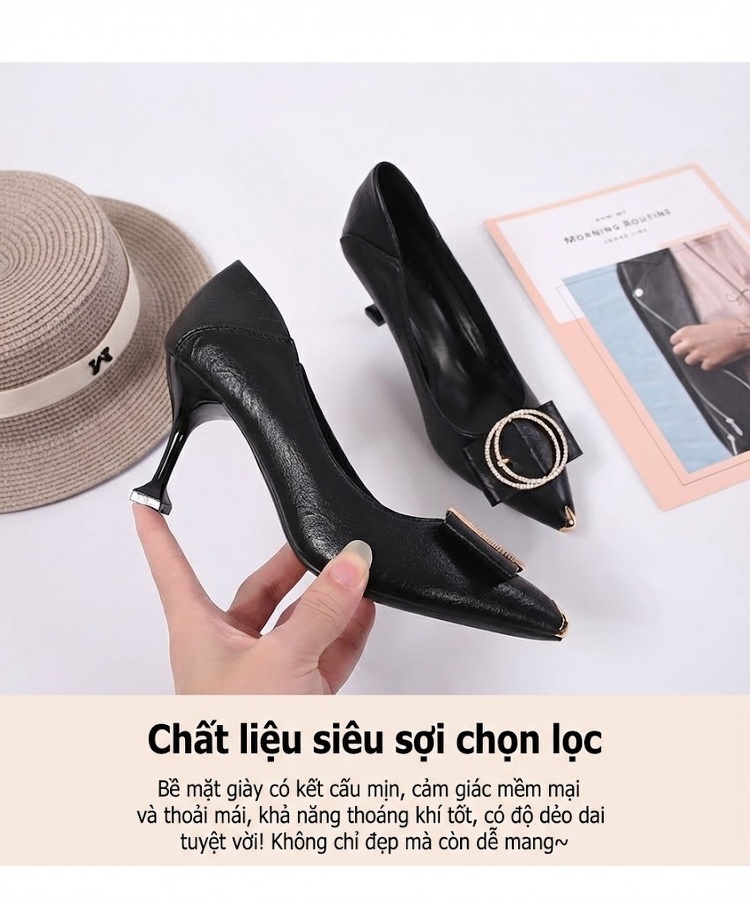 Giày Cao Gót Nữ Đính Đá Bít Mũi Da Bóng Chiều Cao Đế Khoảng 5cm Màu Đen, Kem chi tiết 5