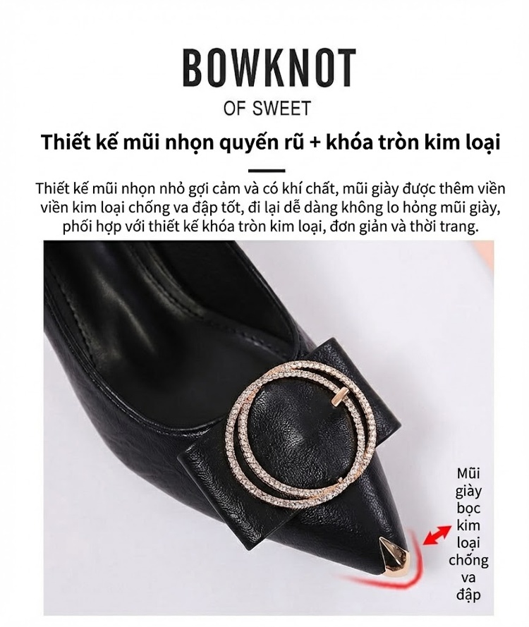 Giày Cao Gót Nữ Đính Đá Bít Mũi Da Bóng Chiều Cao Đế Khoảng 5cm Màu Đen, Kem chi tiết 6