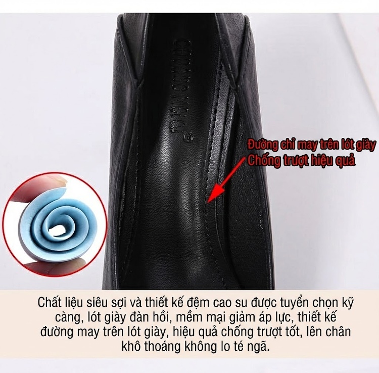 Giày Cao Gót Nữ Đính Đá Bít Mũi Da Bóng Chiều Cao Đế Khoảng 5cm Màu Đen, Kem chi tiết 7