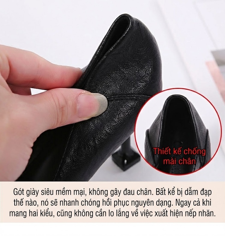 Giày Cao Gót Nữ Đính Đá Bít Mũi Da Bóng Chiều Cao Đế Khoảng 5cm Màu Đen, Kem chi tiết 8