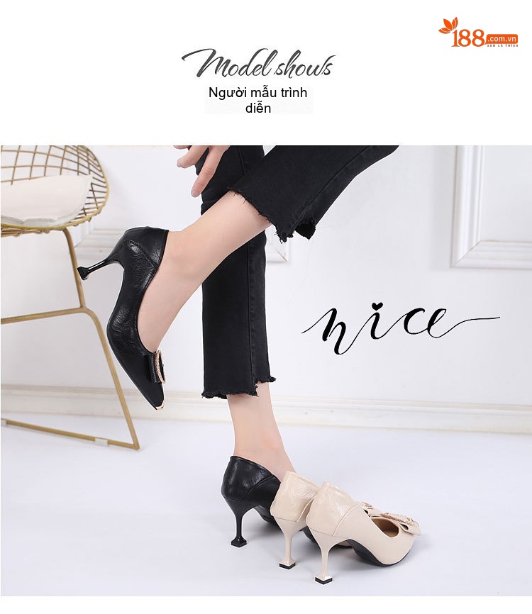 Giày Cao Gót Nữ Đính Đá Bít Mũi Da Bóng Chiều Cao Đế Khoảng 5cm Màu Đen, Kem chi tiết 12