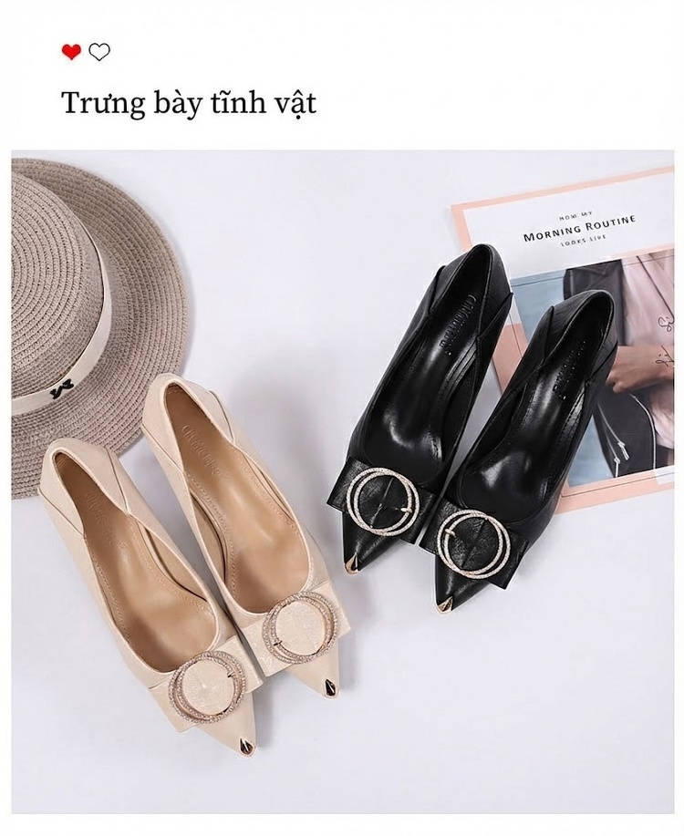 Giày Cao Gót Nữ Đính Đá Bít Mũi Da Bóng Chiều Cao Đế Khoảng 5cm Màu Đen, Kem chi tiết 23