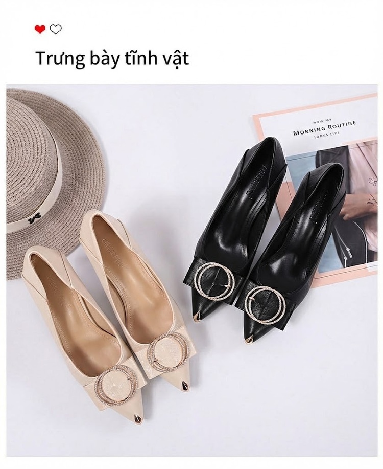 Giày Cao Gót Nữ Đính Đá Bít Mũi Da Bóng Chiều Cao Đế Khoảng 5cm Màu Đen, Kem chi tiết 30