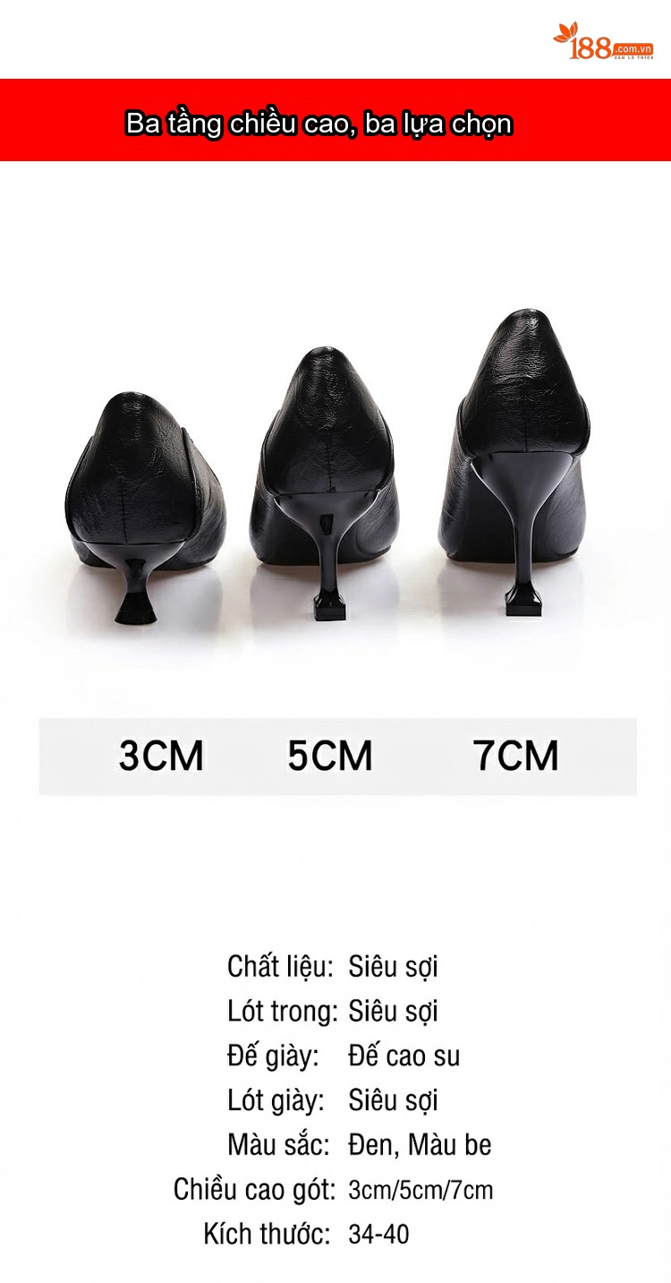 Giày Cao Gót Nữ Đính Đá Bít Mũi Da Bóng Chiều Cao Đế Khoảng 5cm Màu Đen, Kem chi tiết 4