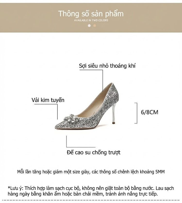 Giày Cao Gót Nữ Đính Đá Chiều Cao Đế 8cm Màu Bạc chi tiết 4