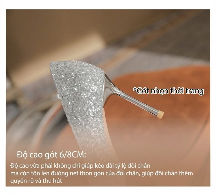 Giày Cao Gót Nữ Đính Đá Chiều Cao Đế 8cm Màu Bạc chi tiết 9