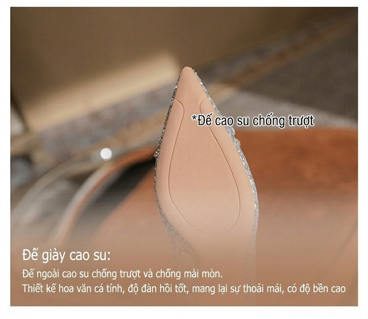 Giày Cao Gót Nữ Đính Đá Chiều Cao Đế 8cm Màu Bạc chi tiết 10