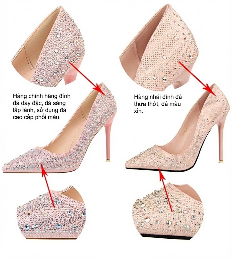 Giày Cao Gót Nữ Đính Đá Chiều Cao Đế Khoảng 6cm Mũi Nhọn Màu Bạc, Đen, Vàng, Hồng... chi tiết 2
