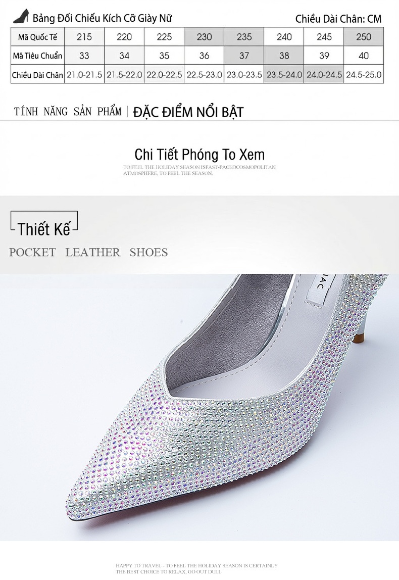 Giày Cao Gót Nữ Đính Đá Chiều Cao Đế Khoảng 7cm Màu Bạc chi tiết 3
