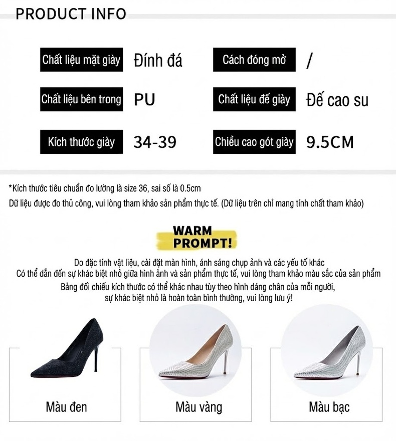 Giày Cao Gót Nữ Đính Đá Phong Cách Dự Tiệc Chiều Cao Đế Khoảng 8cm Màu Bạc, Đen chi tiết 9