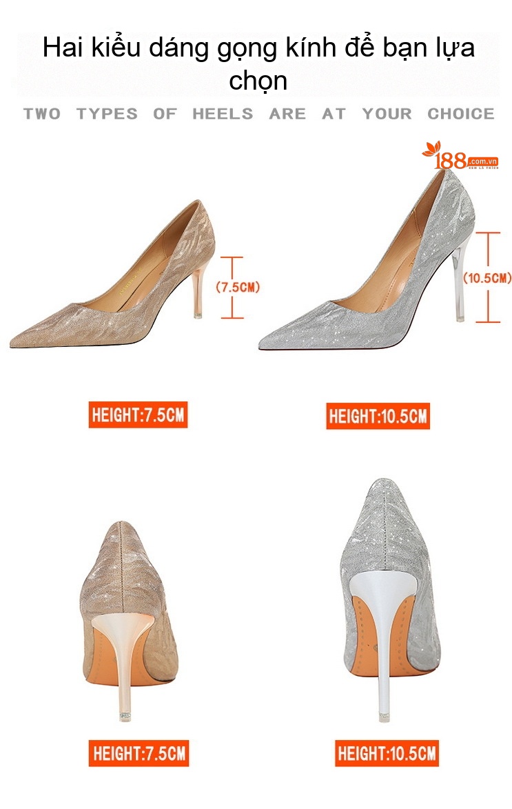 Giày Cao Gót Nữ Dự Tiệc Gót Nhọn Hở Lưng Bề Mặt Lấp Lánh Chiều Cao Đế Khoảng 8cm Màu Vàng, Bạc chi tiết 2
