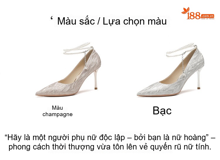 Giày Cao Gót Nữ Gót Nhọn Bề Mặt Lấp Lánh Chiều Cao Đế Khoảng 8cm Quai Ngọc Trai Màu Bạc chi tiết 3