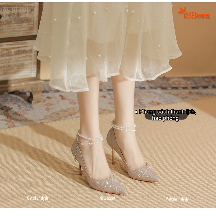 Giày Cao Gót Nữ Gót Nhọn Bề Mặt Lấp Lánh Chiều Cao Đế Khoảng 8cm Quai Ngọc Trai Màu Bạc chi tiết 5