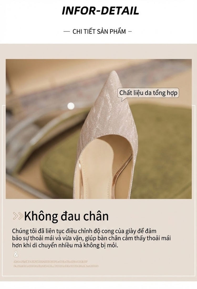 Giày Cao Gót Nữ Gót Nhọn Bề Mặt Lấp Lánh Chiều Cao Đế Khoảng 8cm Quai Ngọc Trai Màu Bạc chi tiết 7