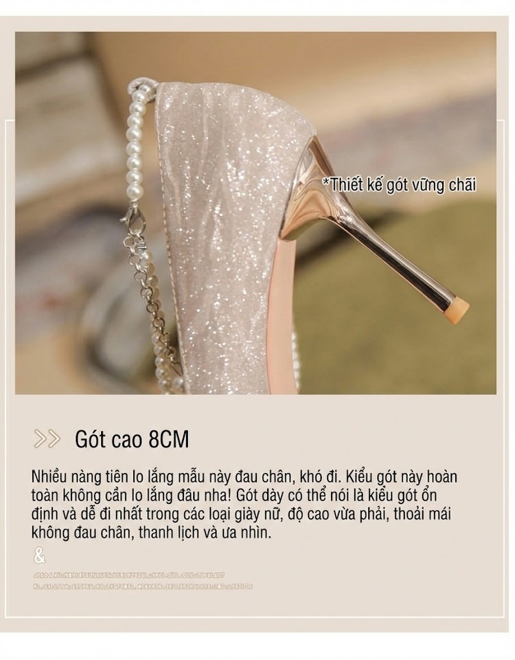 Giày Cao Gót Nữ Gót Nhọn Bề Mặt Lấp Lánh Chiều Cao Đế Khoảng 8cm Quai Ngọc Trai Màu Bạc chi tiết 9