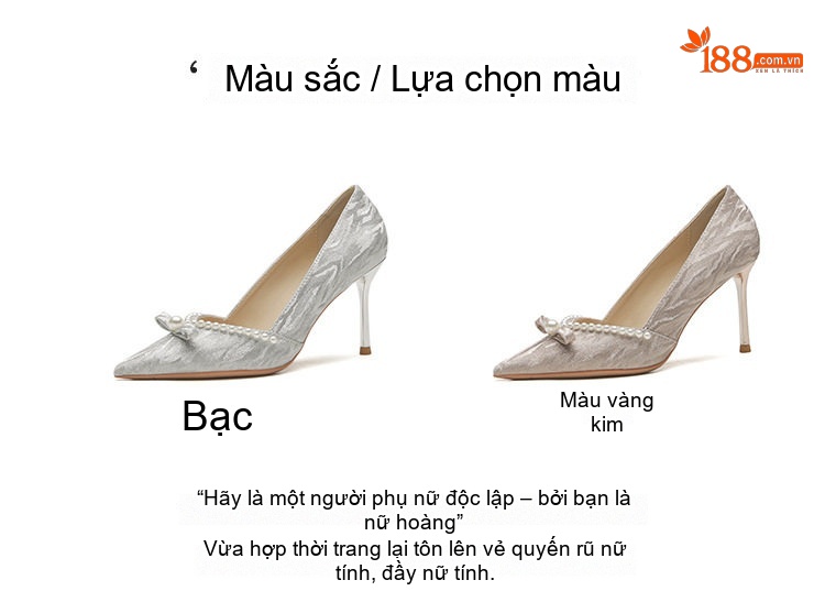 Giày Cao Gót Nữ Gót Nhọn Chiều Cao Đế Khoảng 8cm Đính Hạt, Nơ Màu Bạc chi tiết 3