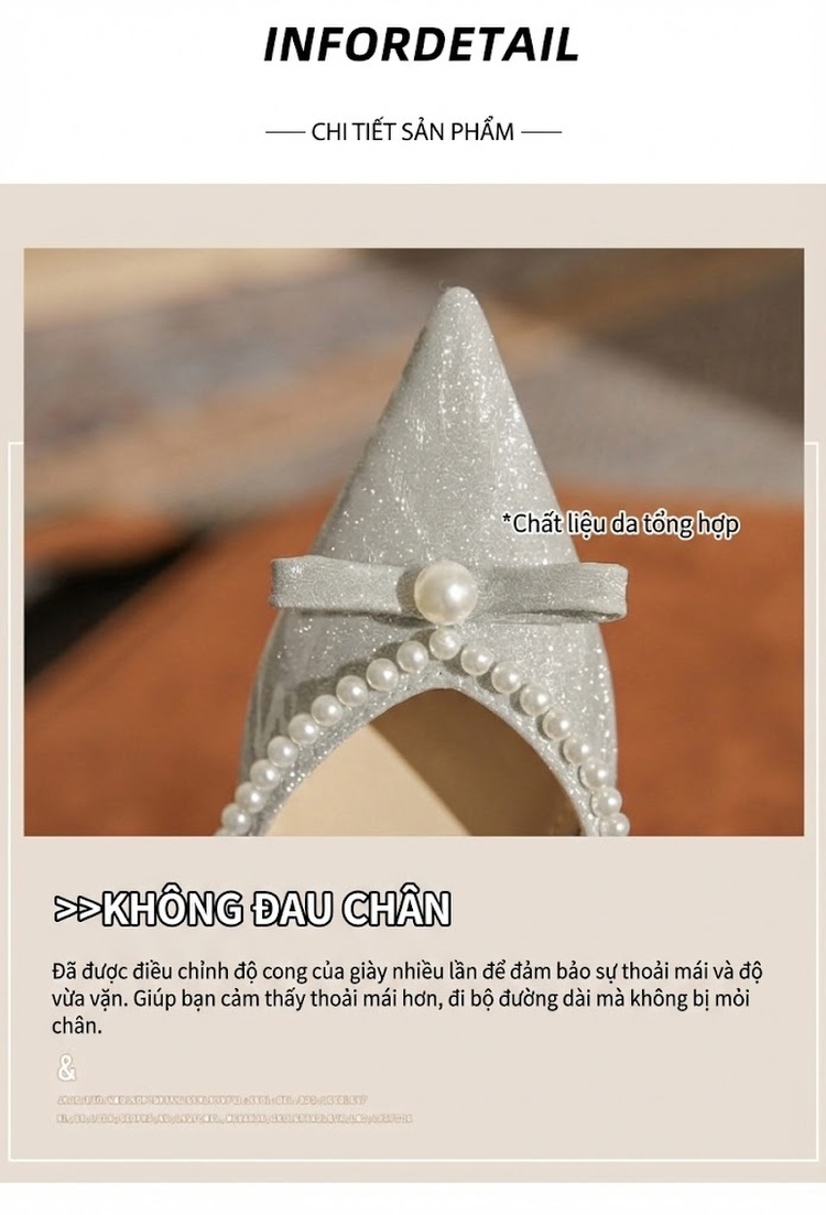 Giày Cao Gót Nữ Gót Nhọn Chiều Cao Đế Khoảng 8cm Đính Hạt, Nơ Màu Bạc chi tiết 7