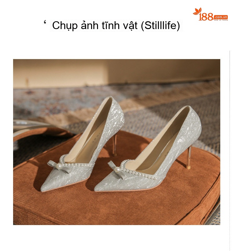 Giày Cao Gót Nữ Gót Nhọn Chiều Cao Đế Khoảng 8cm Đính Hạt, Nơ Màu Bạc chi tiết 23