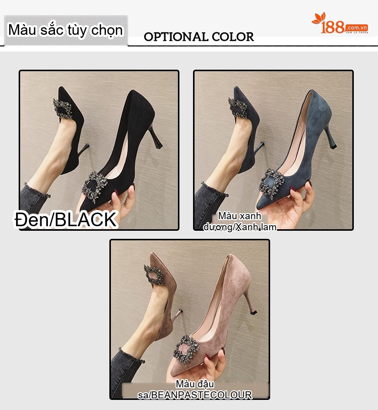 Giày Cao Gót Nữ Gót Nhọn Mũi Nhọn Đính Đá Chiều Cao Đế 6cm Màu Đen, Xám chi tiết 3