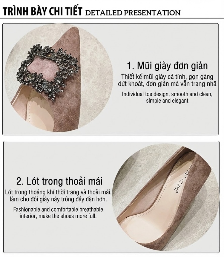 Giày Cao Gót Nữ Gót Nhọn Mũi Nhọn Đính Đá Chiều Cao Đế 6cm Màu Đen, Xám chi tiết 4